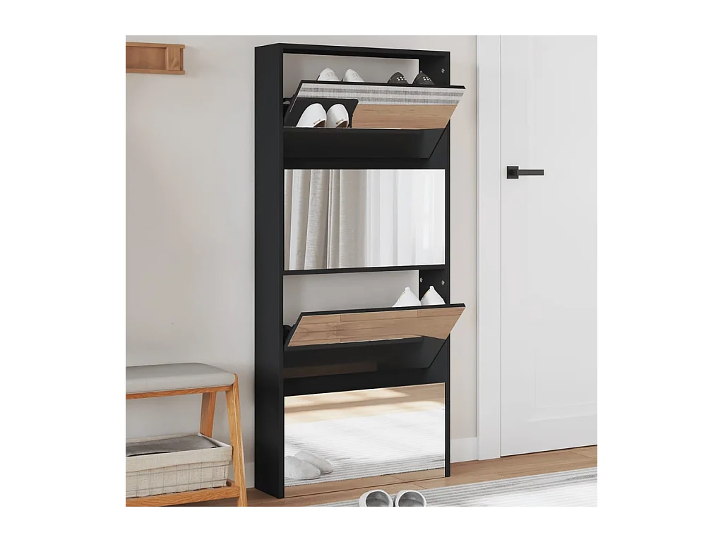 Schuhschrank mit Spiegel auf 4 Ebenen schwarz 63x17x134 cm