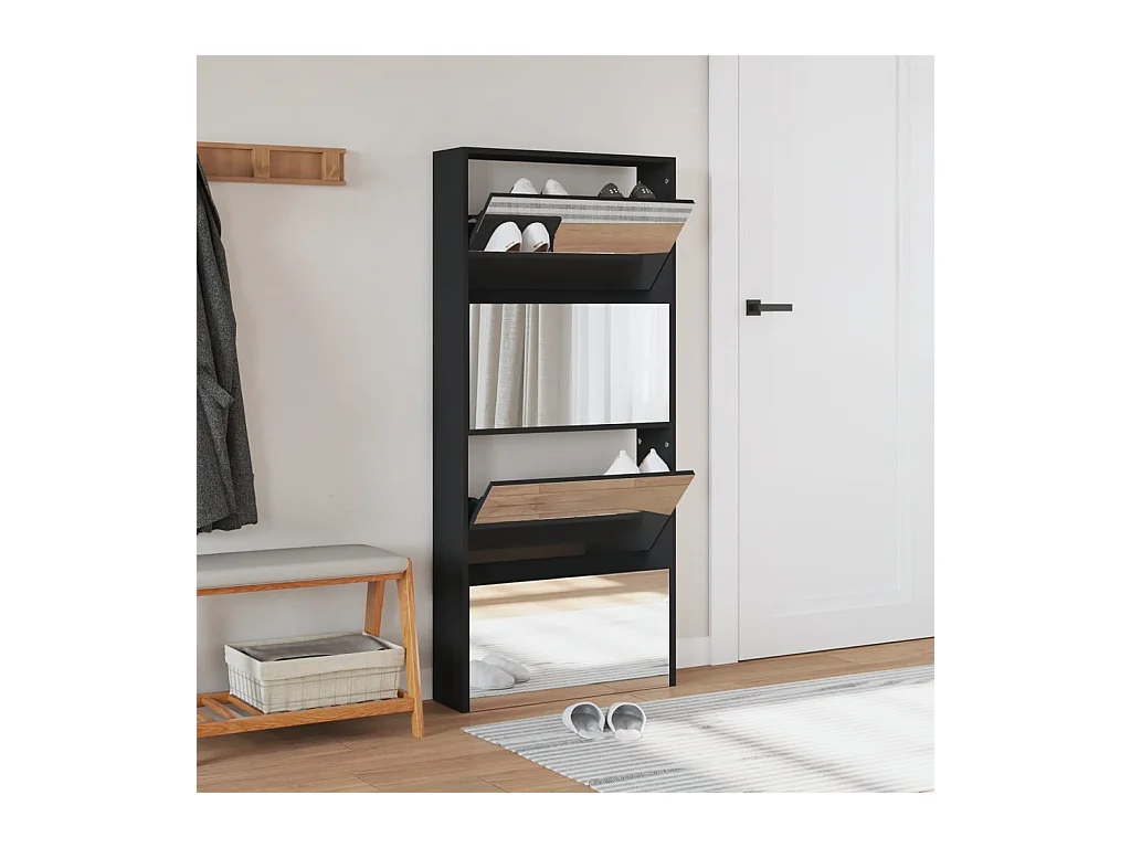 Armoire à chaussures avec miroir à 4 niveaux noir 63x17x134 cm