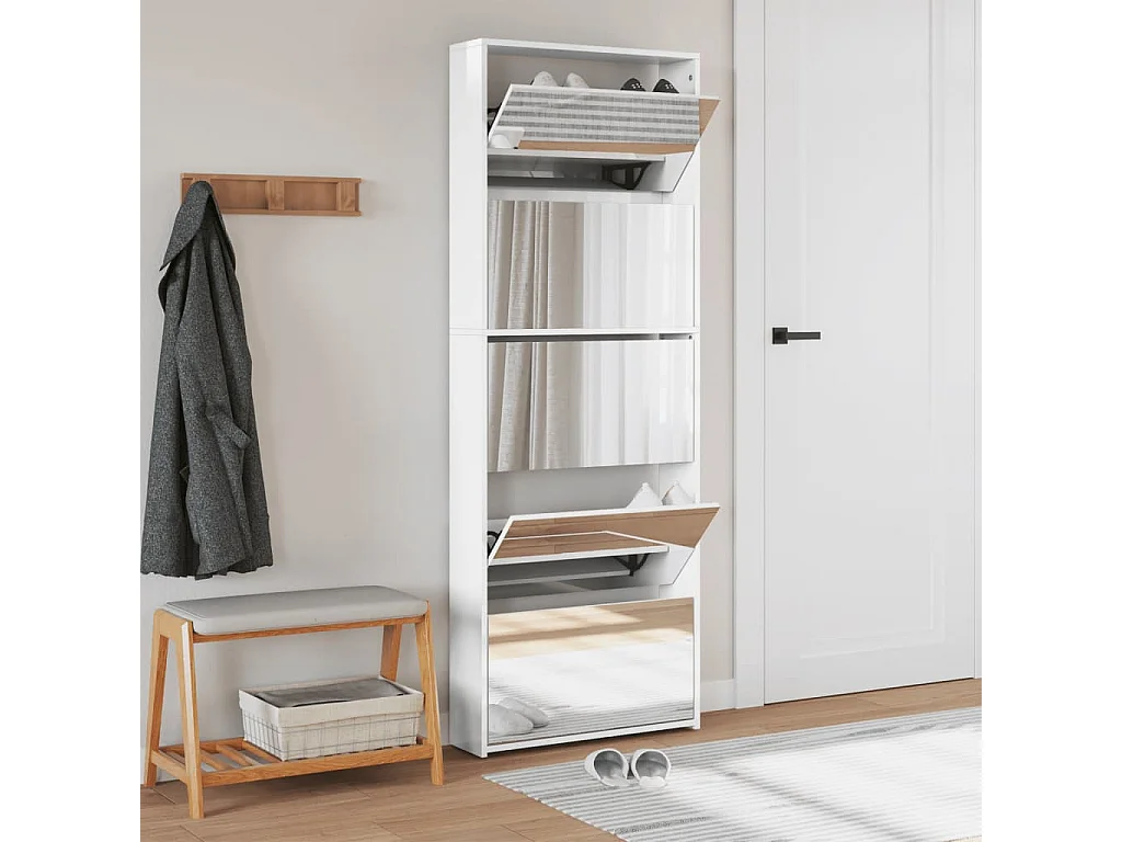 Scarpiera a specchio 5 livelli bianco lucido 63x17x169,5cm