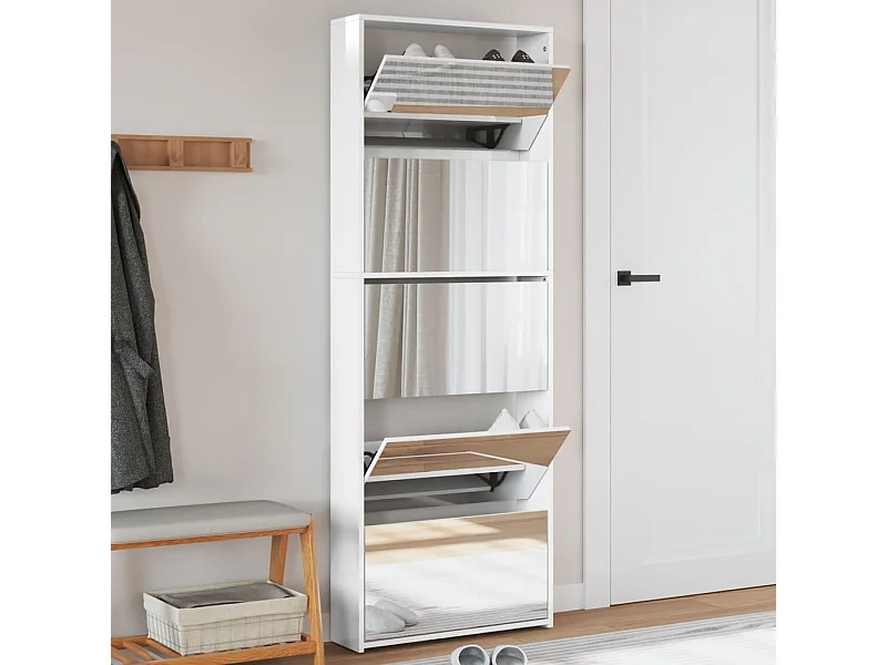 Armoire chaussures miroir 5niveaux blanc brillant 63x17x169,5cm