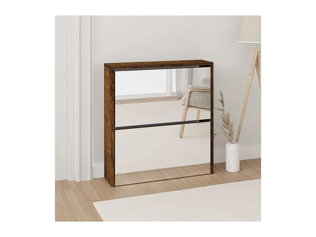 Scarpiera a 2 ripiani con specchio Rovere affumicato 63x17x67 cm