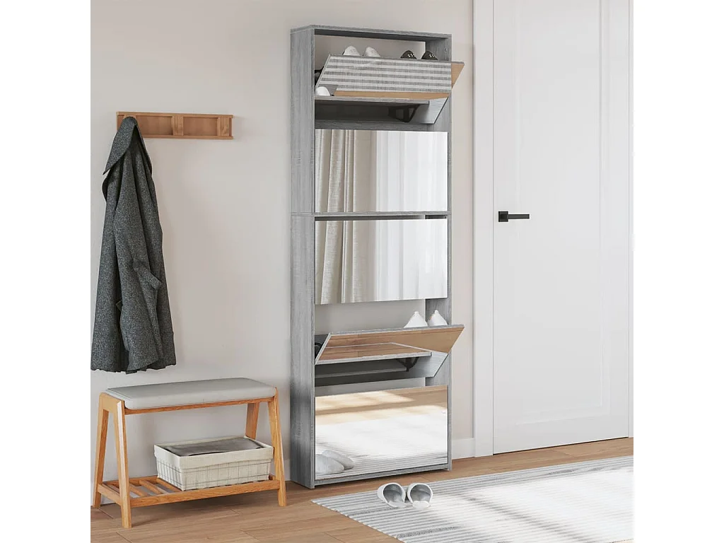 Scarpiera a specchio a 5 ripiani sonoma grigio 63x17x169,5 cm