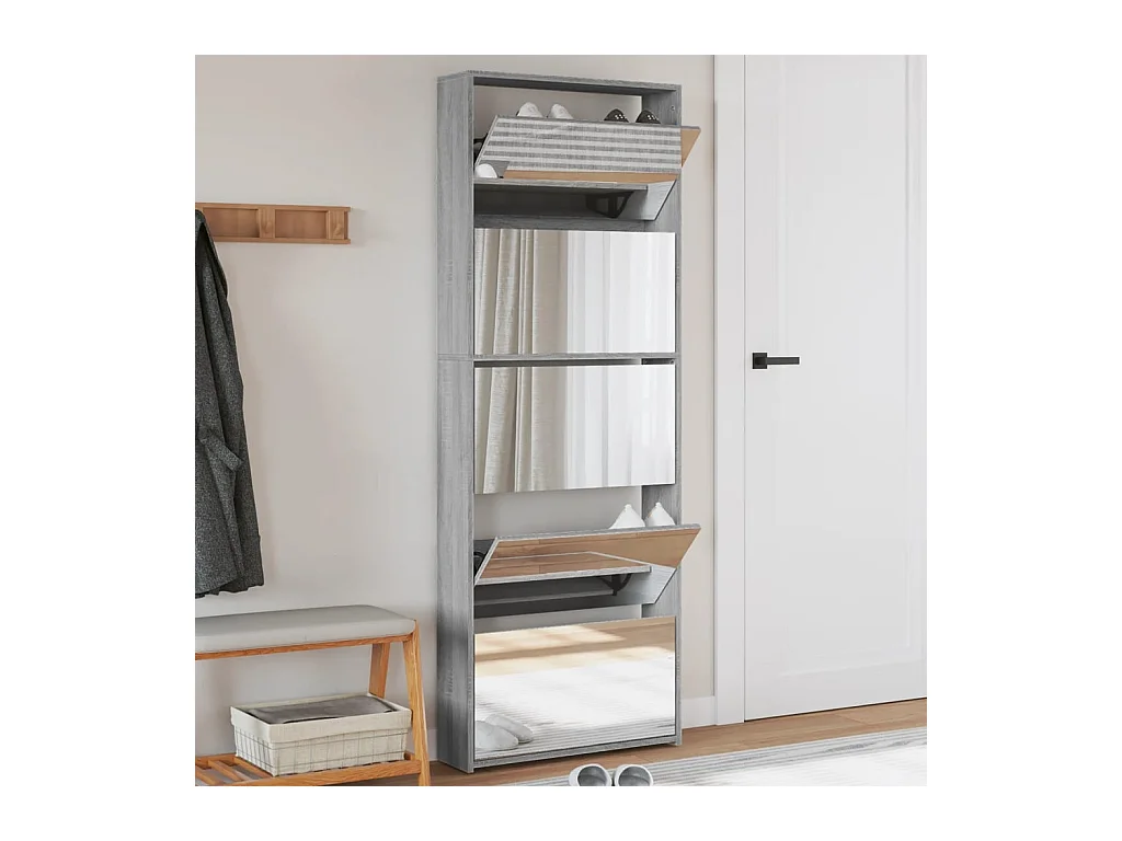 Armoire à chaussures miroir 5 niveaux sonoma gris 63x17x169,5cm