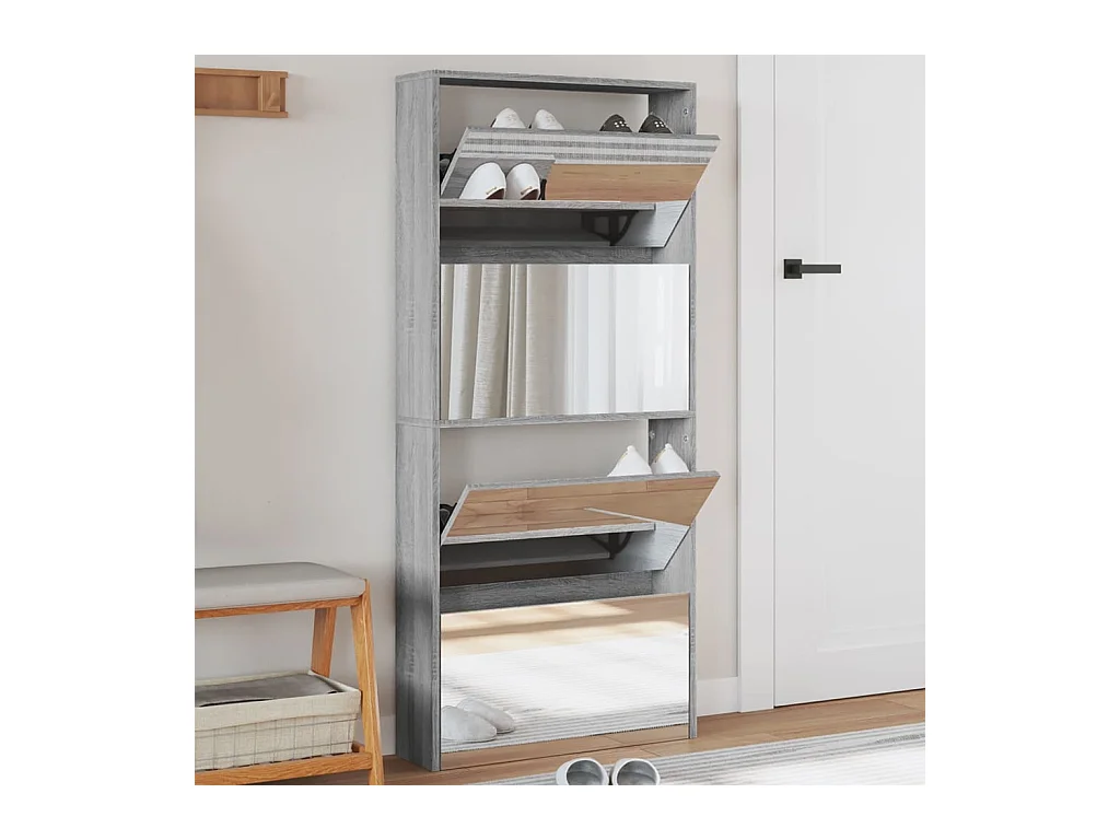 Armoire à chaussures miroir 4 niveaux sonoma gris 63x17x134 cm