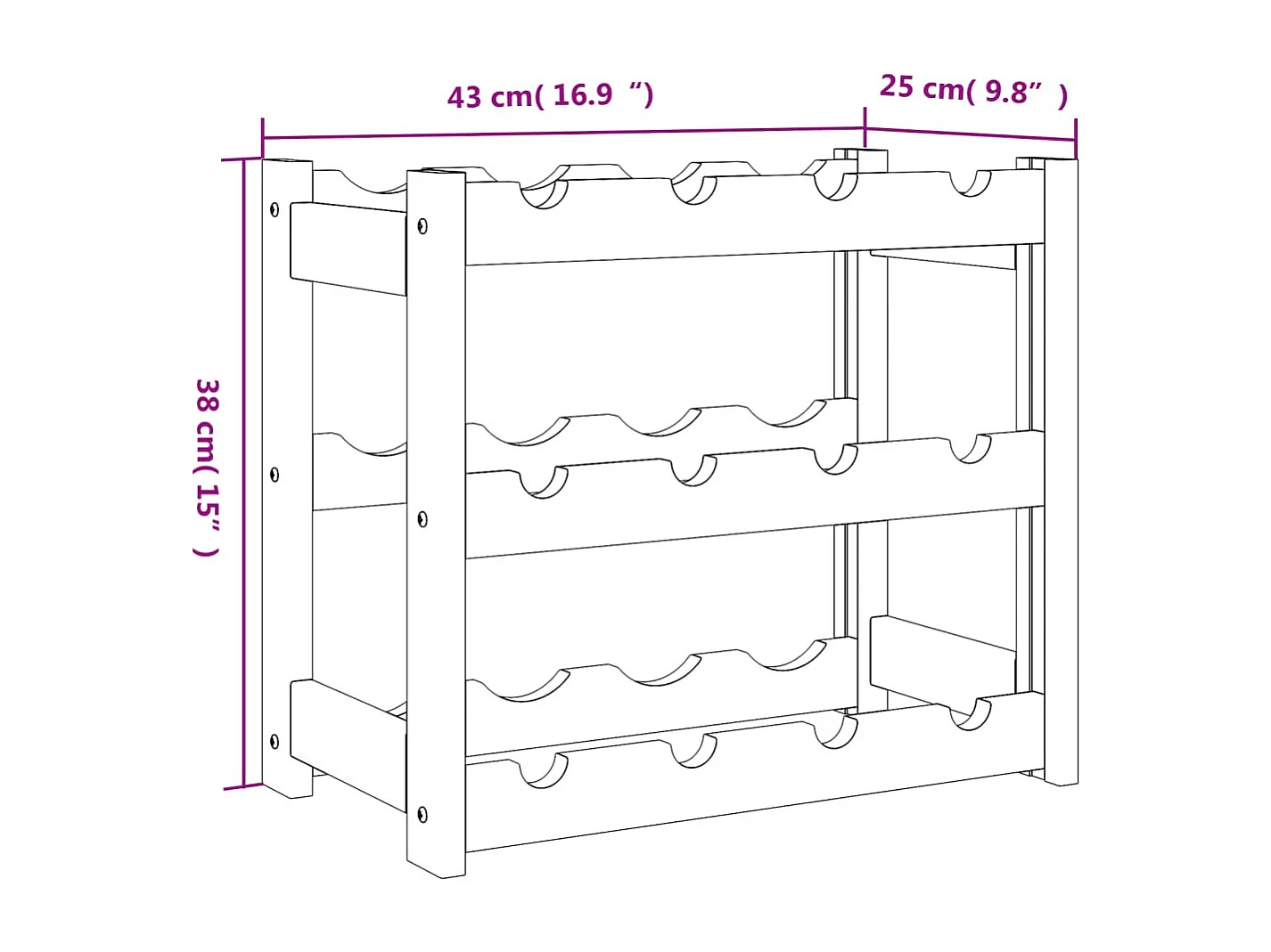 Portabottiglie per 12 bottiglie in legno di pino massiccio nero