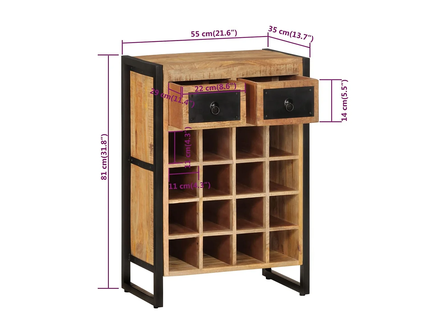 Portabottiglie per 16 bottiglie. Legno massello di mango