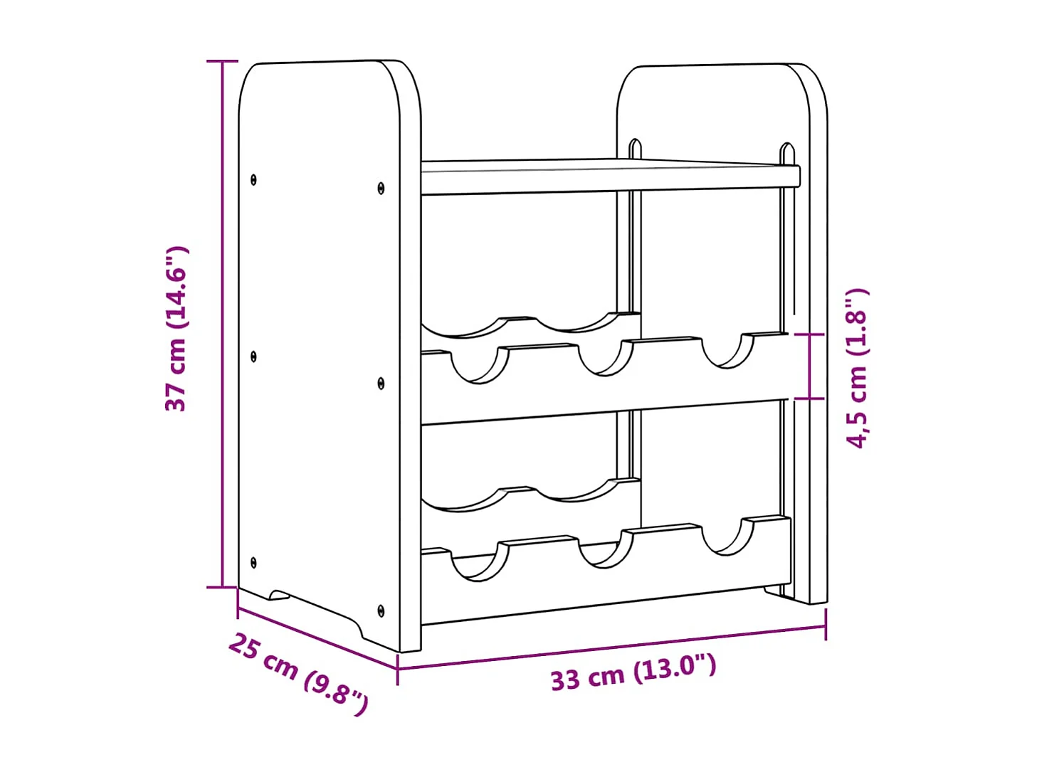 Portabottiglie con pannello superiore 33x25x37 cm in legno massello di pino