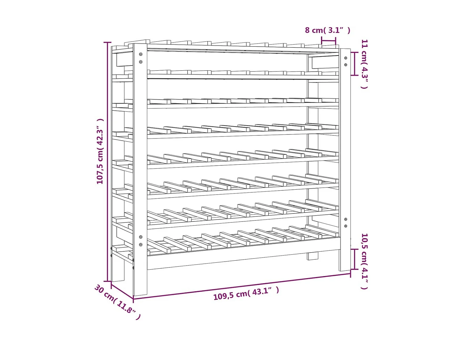 Weinregal 109,5x30x107,5 cm Massives Kiefernholz