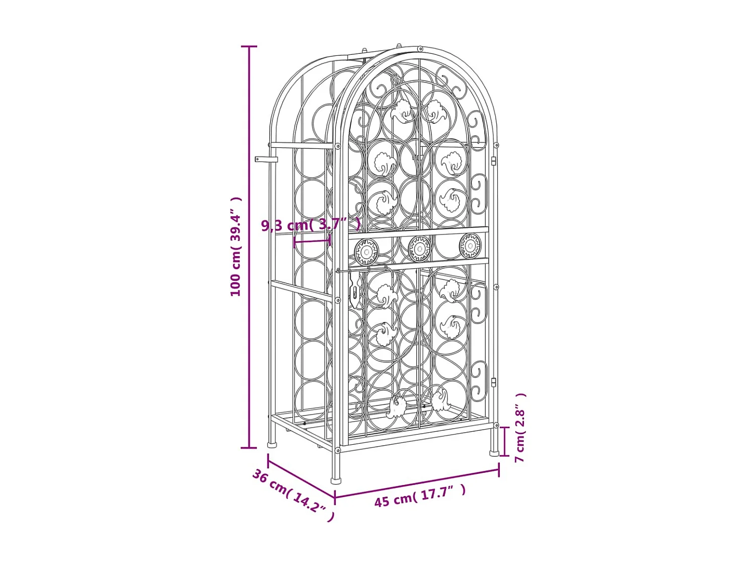 Casier à bouteilles 33 bouteilles noir 45x36x100 cm fer forgé