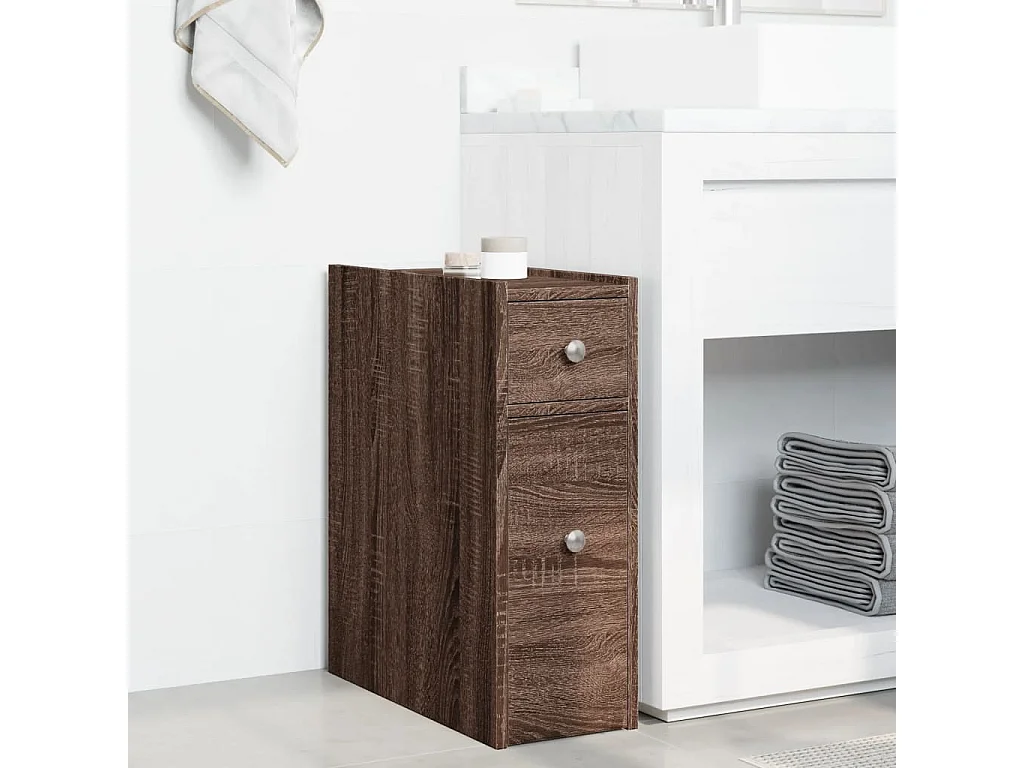 Armoire de salle de bain étroite avec roulettes chêne marron