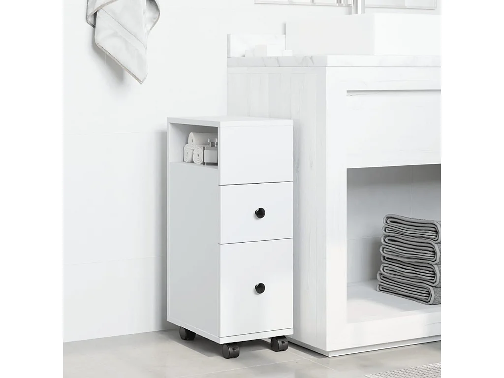 Meuble étroit de salle de bain à roulettes blanc