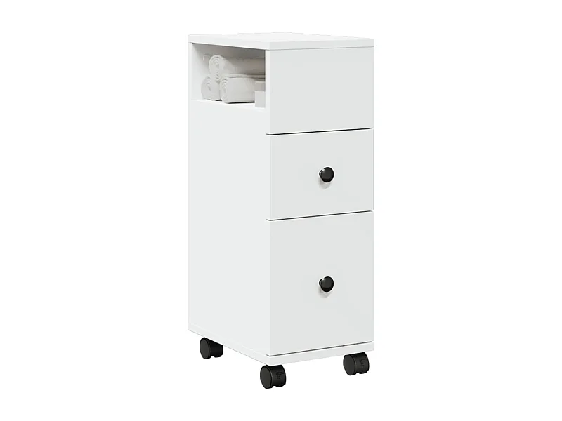 Meuble étroit de salle de bain à roulettes blanc