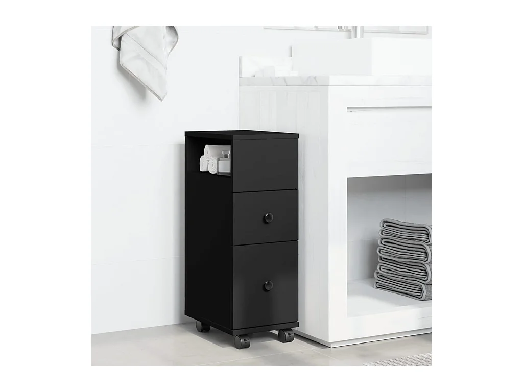 Meuble étroit de salle de bain à roulettes noir