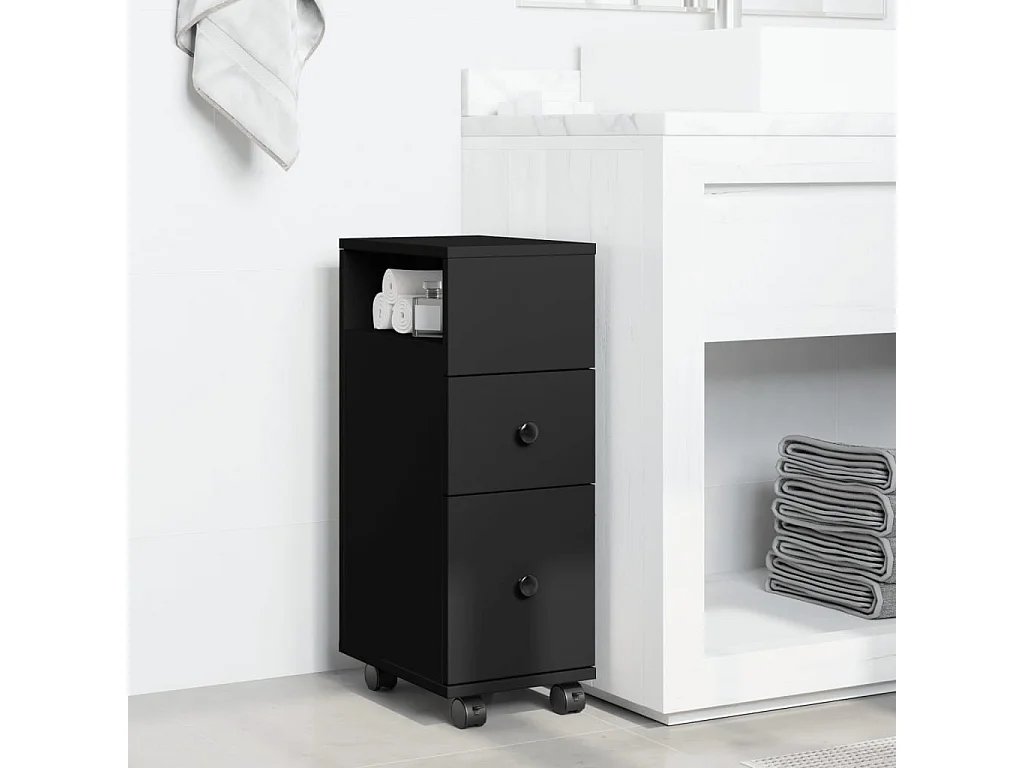 Meuble étroit de salle de bain à roulettes noir