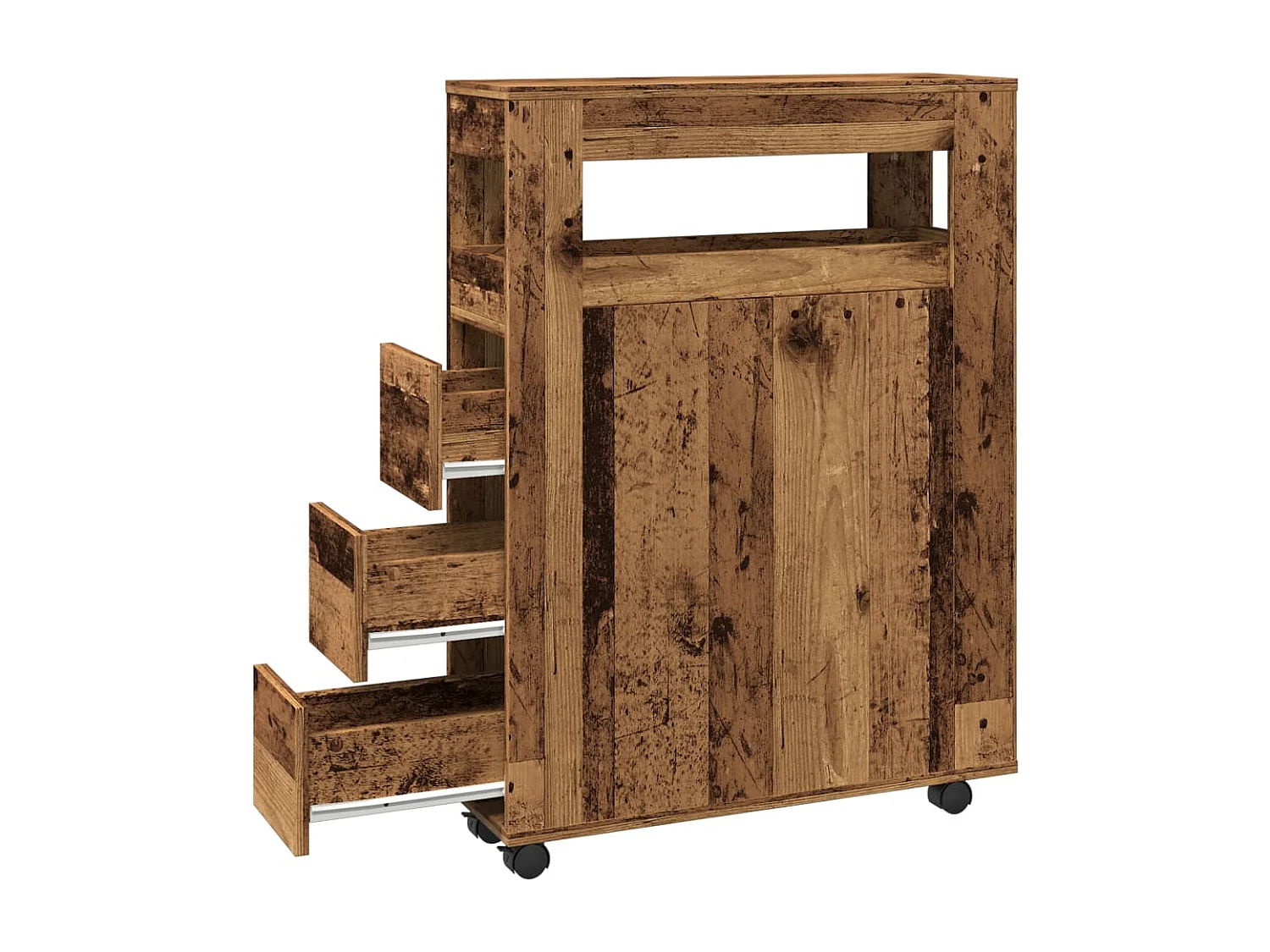 Meuble étroit de salle de bain à roulettes vieux bois