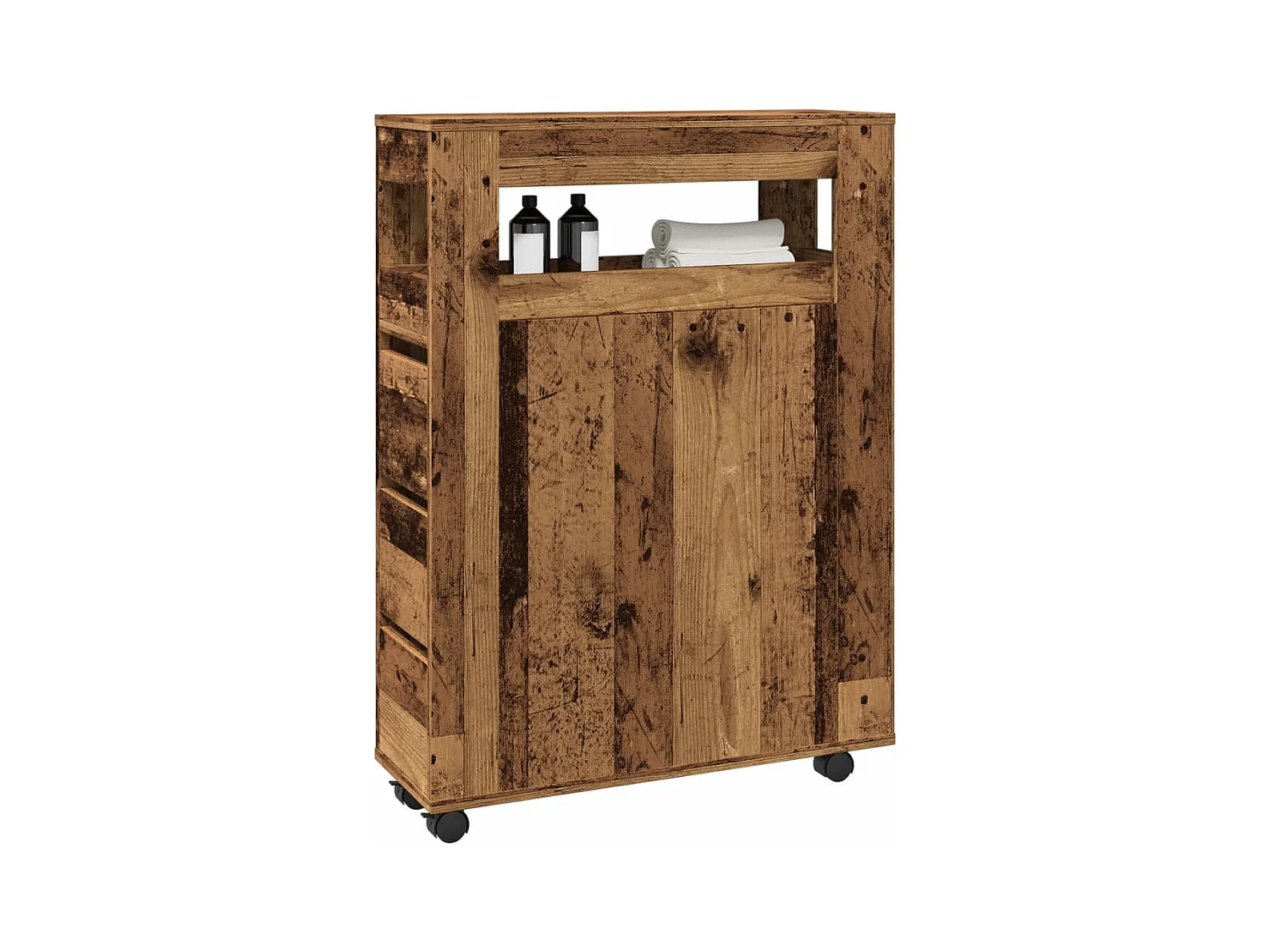Meuble étroit de salle de bain à roulettes vieux bois