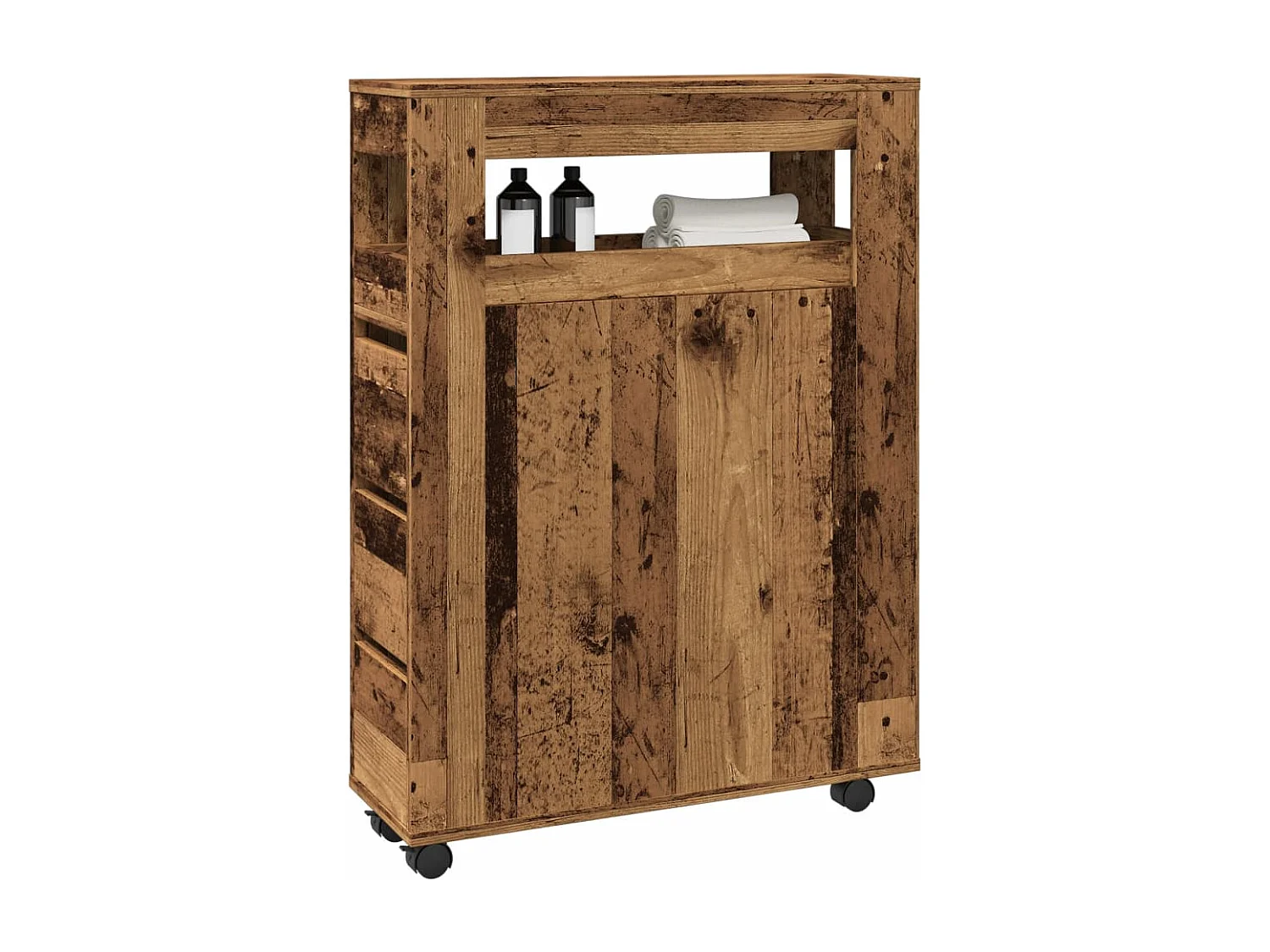 Meuble étroit de salle de bain à roulettes vieux bois