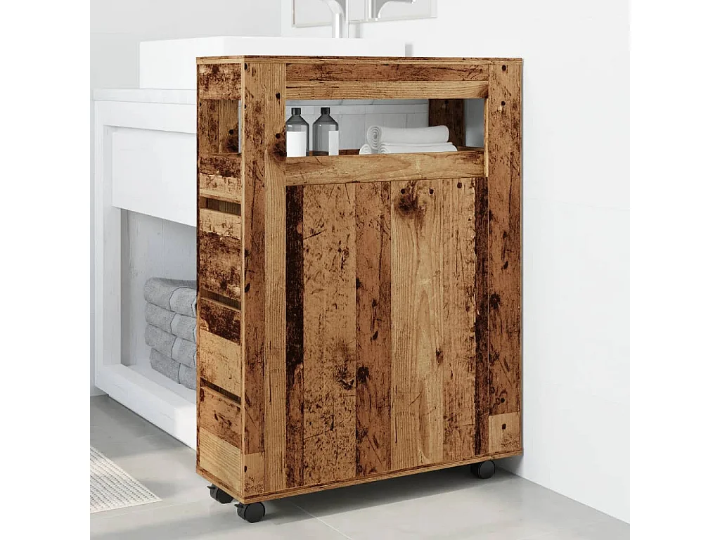 Meuble étroit de salle de bain à roulettes vieux bois