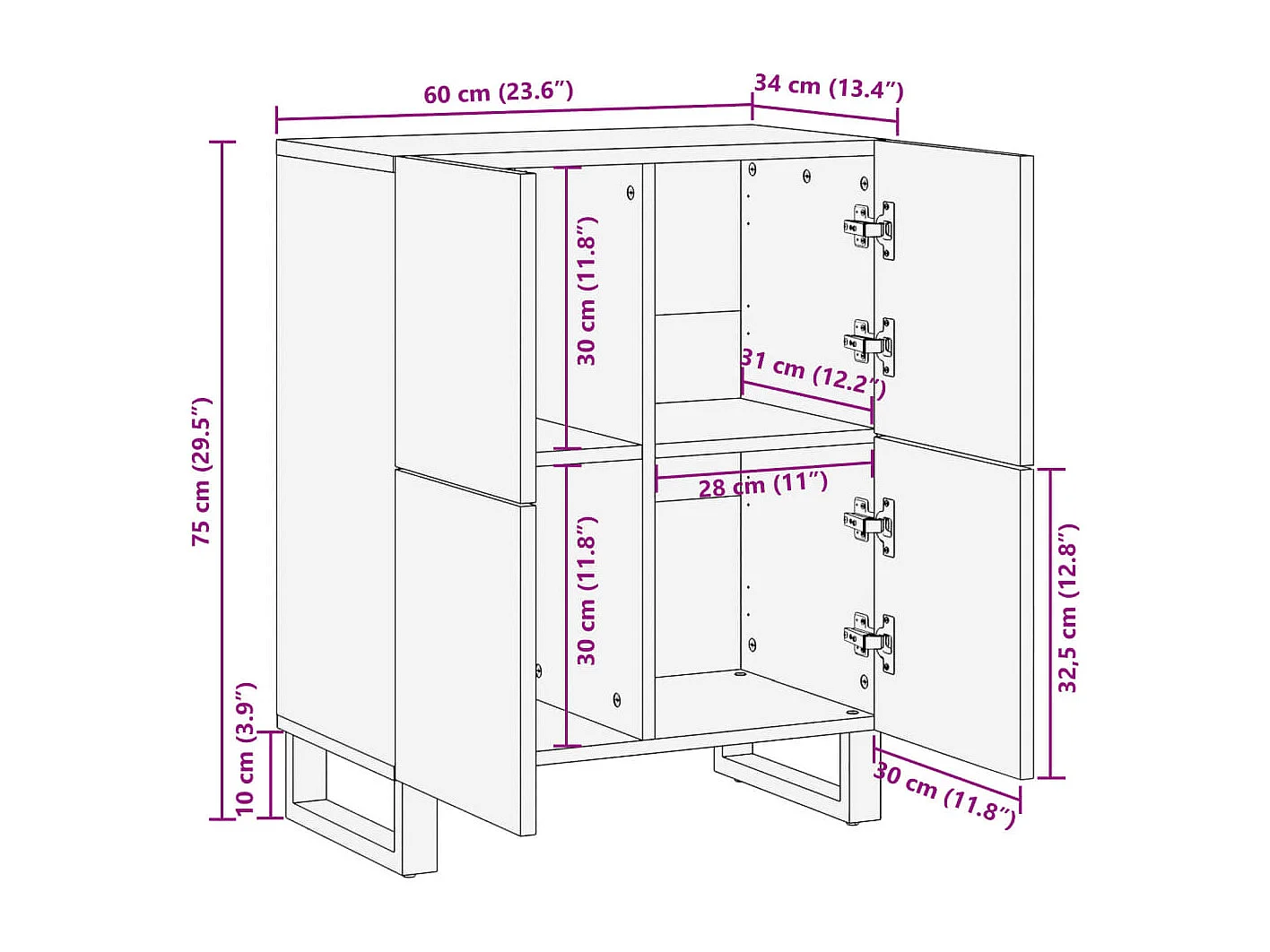Sideboard 60x34x75 cm aus massivem Akazienholz