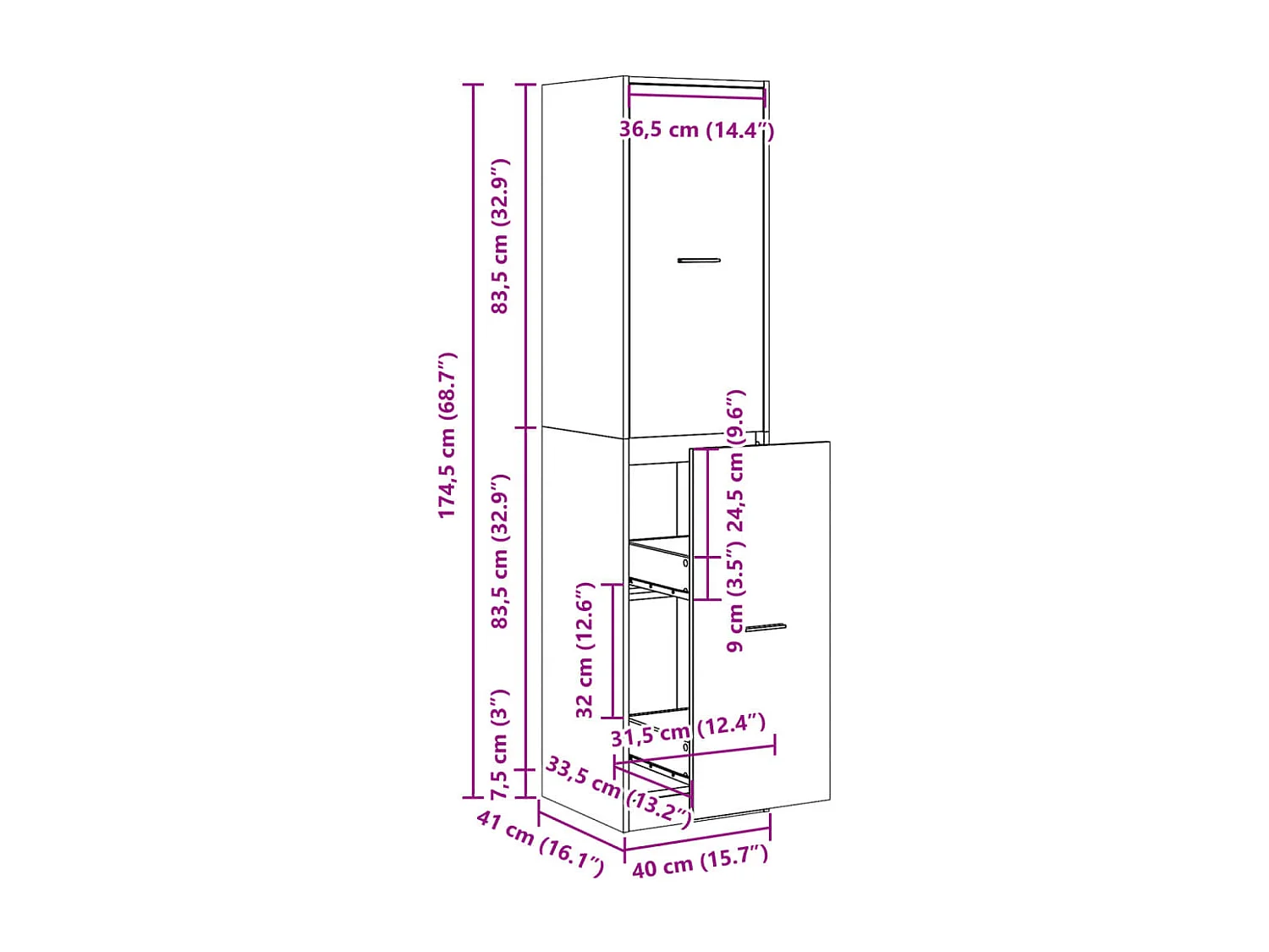 Betongrauer Apothekerschrank, 40 x 41 x 174,5 cm, Holzwerkstoff
