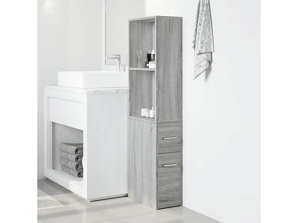 Schmaler Badezimmerschrank mit Rollen in Sonomagrau