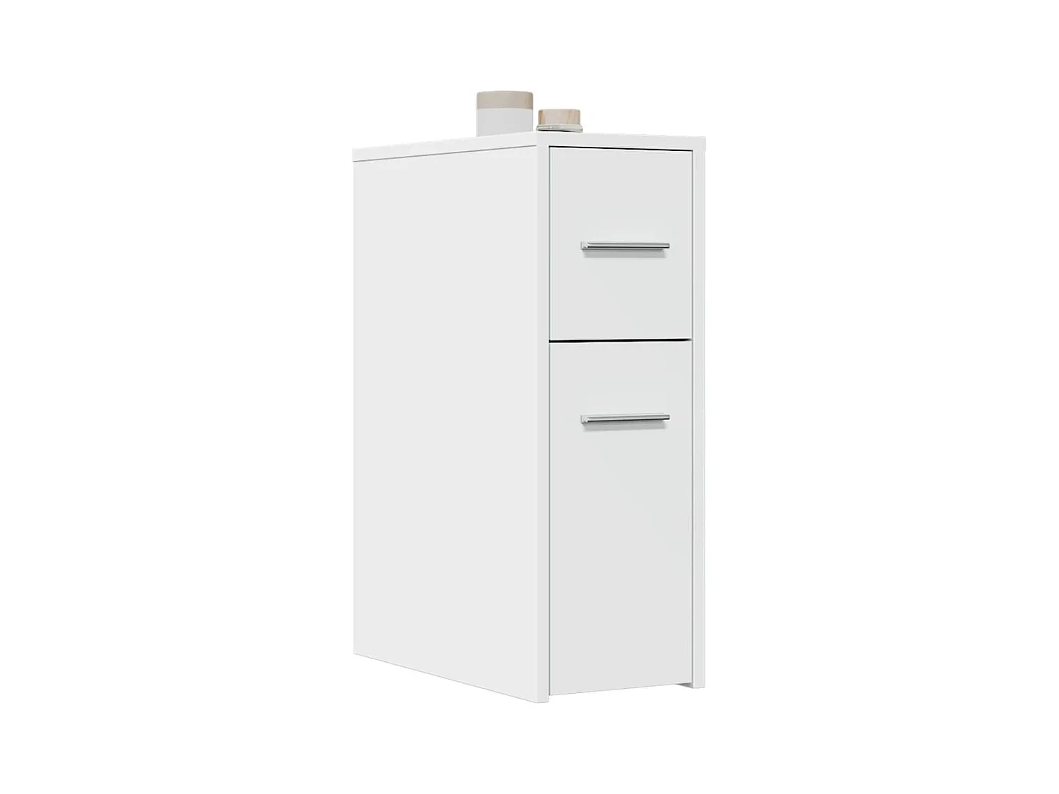 Mueble de baño estrecho con ruedas blancas.