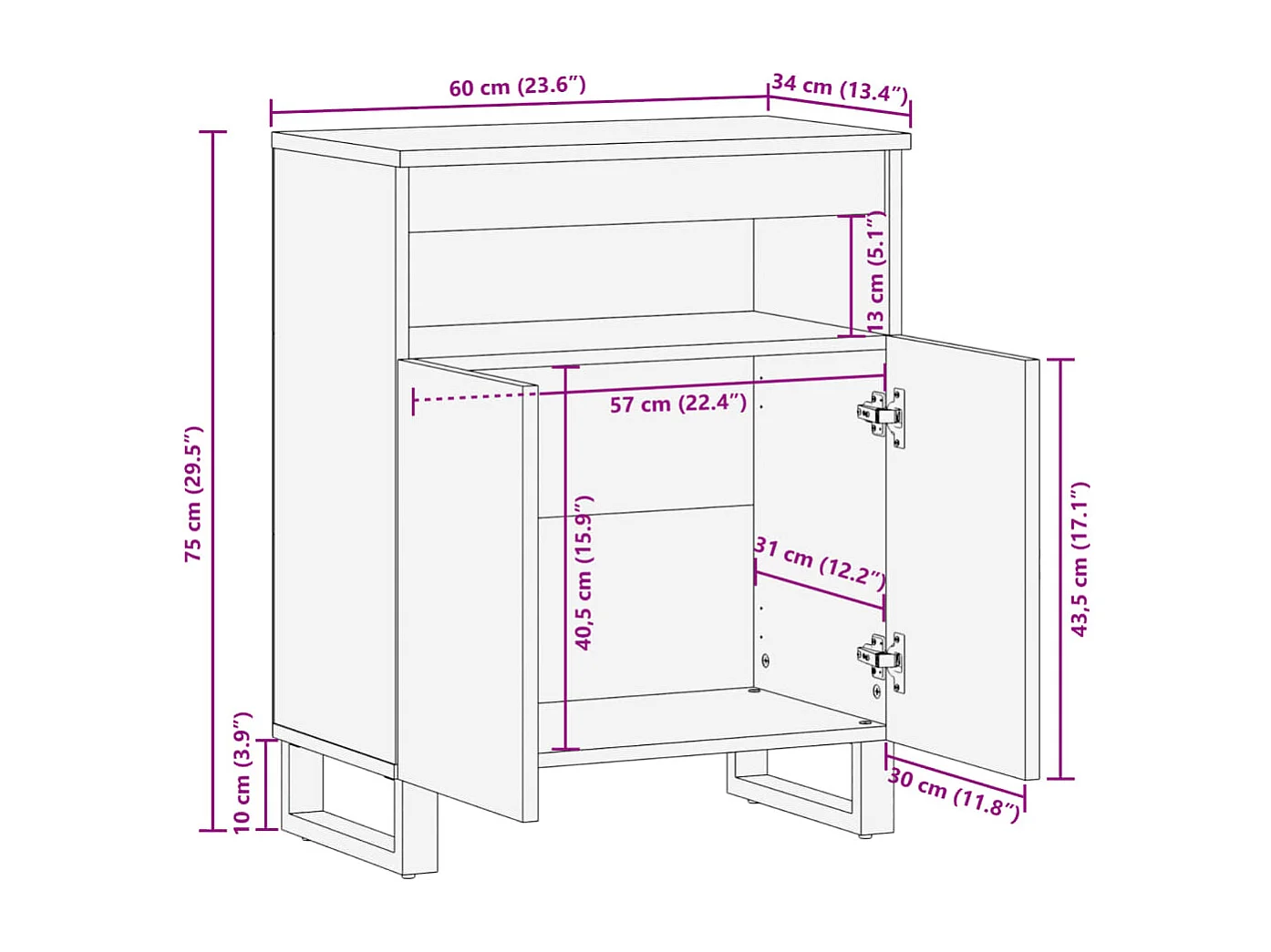 Buffet 60x34x75 cm bois de manguier massif brut
