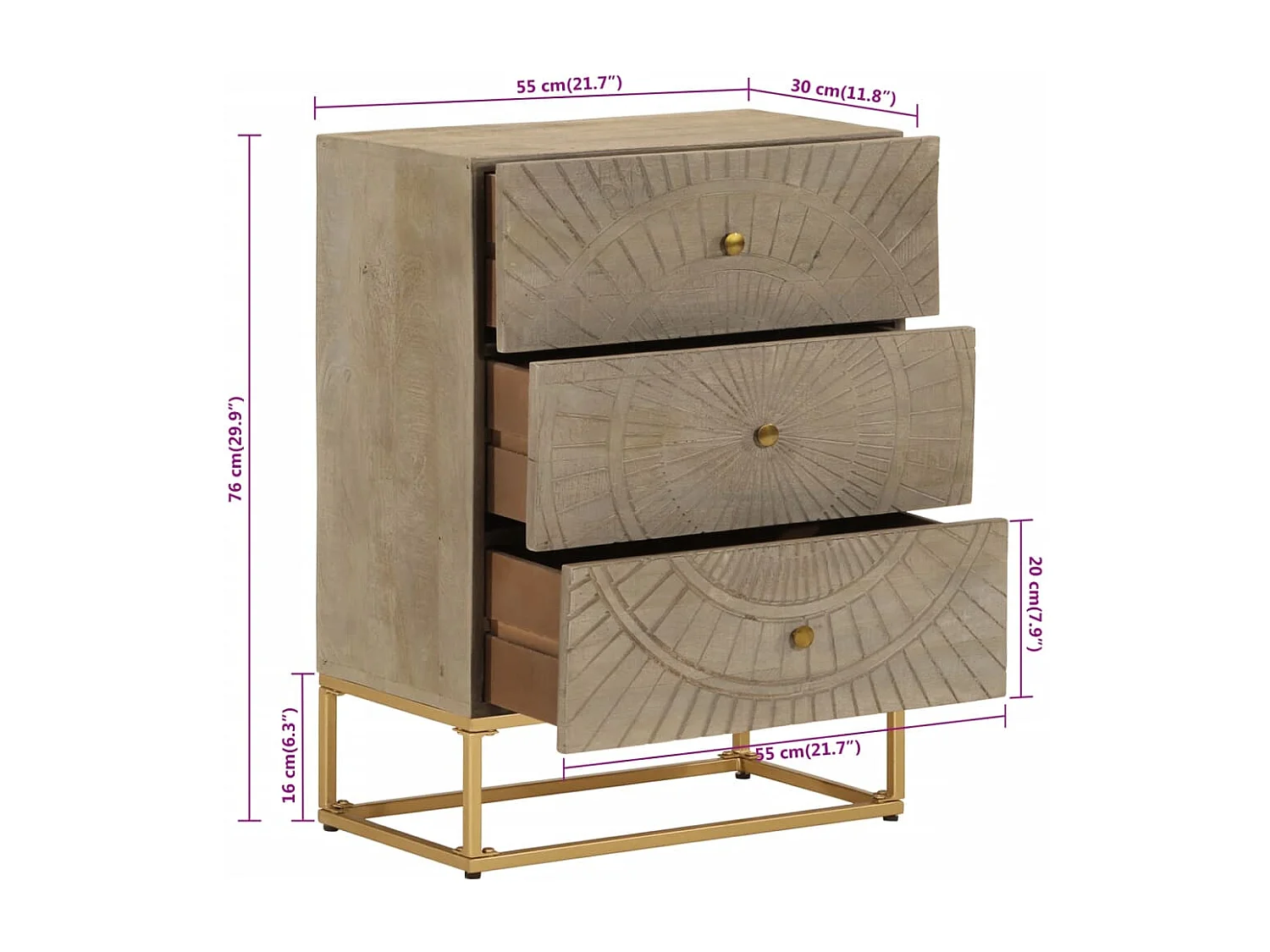 Kommode 55x30x76 cm aus massivem Mangoholz und Eisen