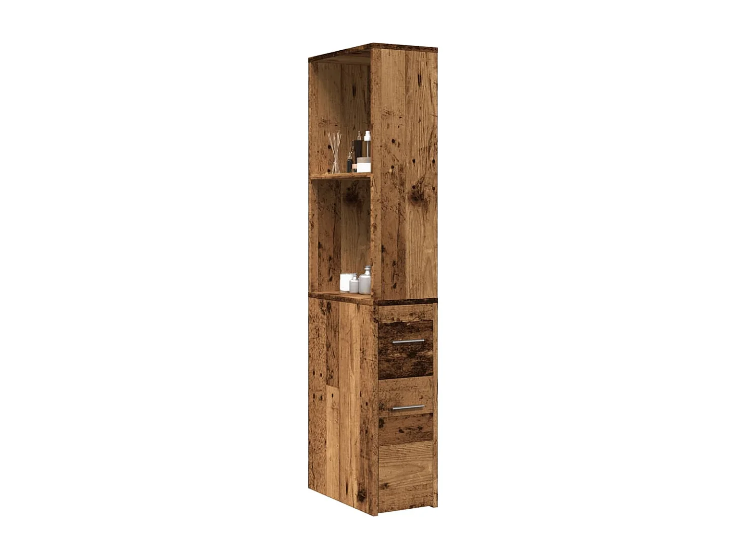 Mueble de baño estrecho con ruedas de madera viejas