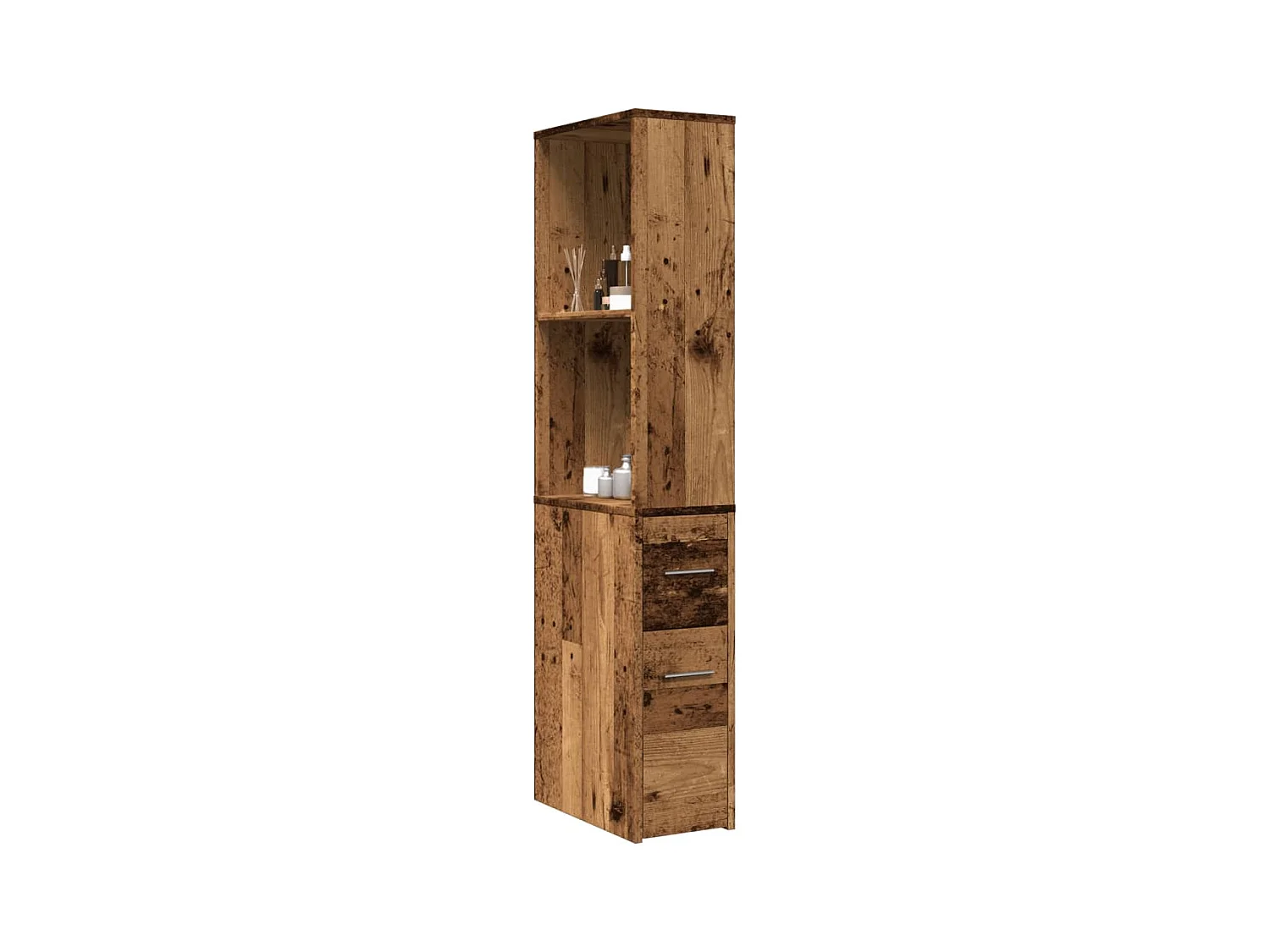 Armoire de salle de bain étroite avec roulettes vieux bois