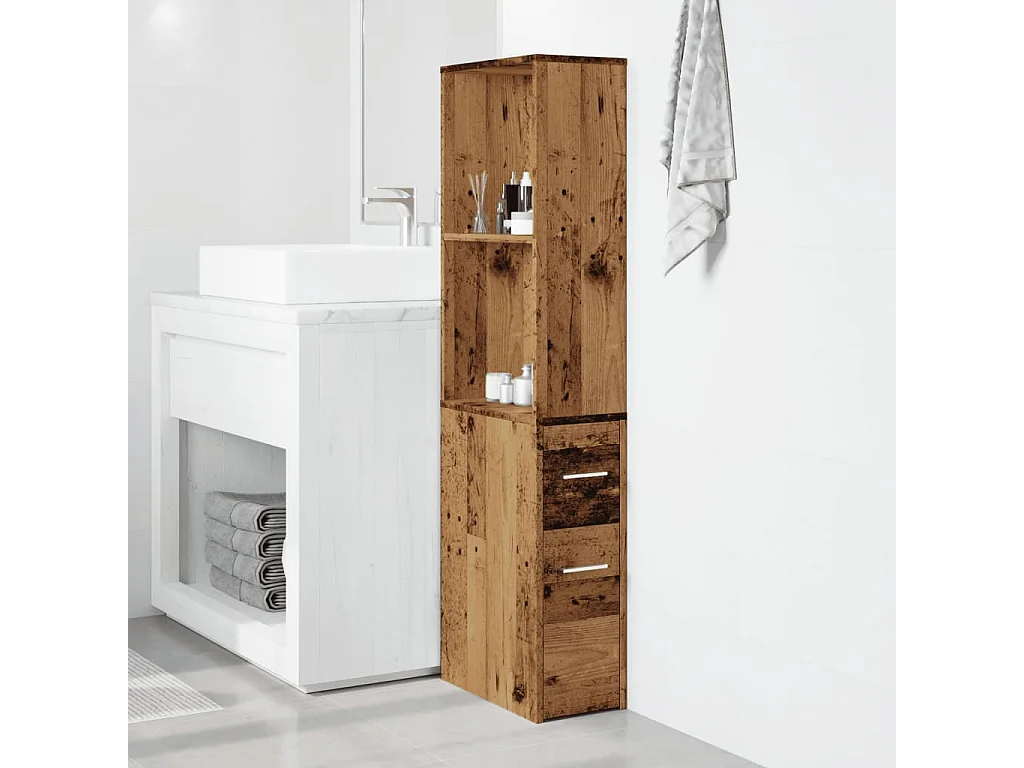 Armoire de salle de bain étroite avec roulettes vieux bois