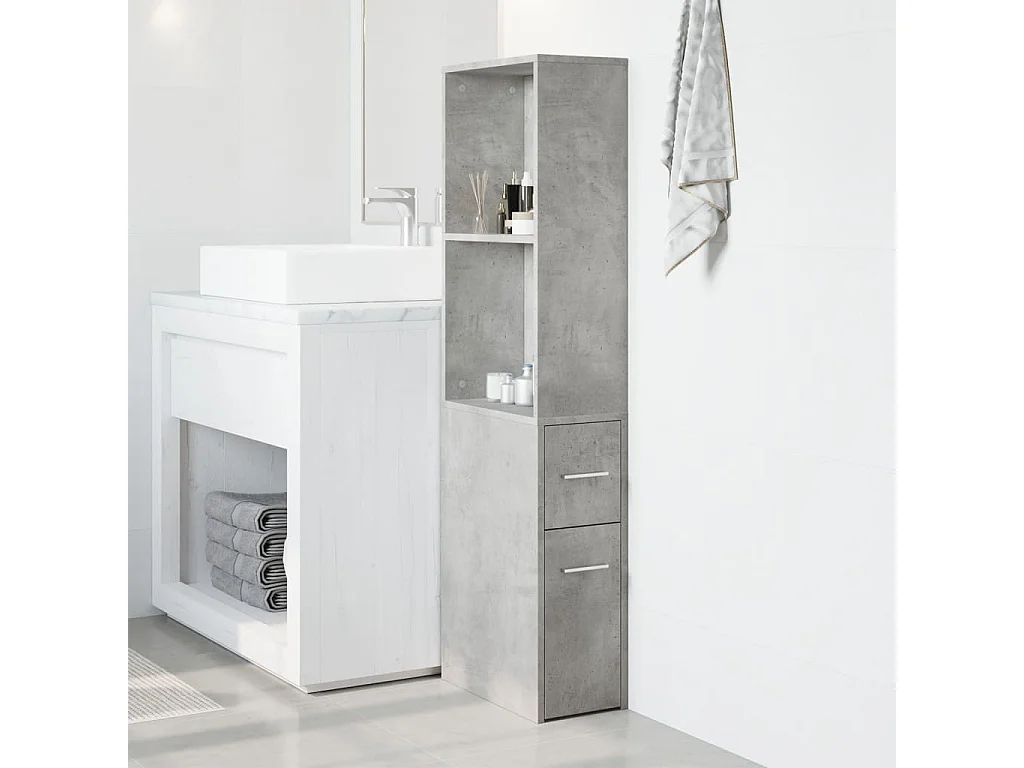 Schmaler Badezimmerschrank mit betongrauen Rollen