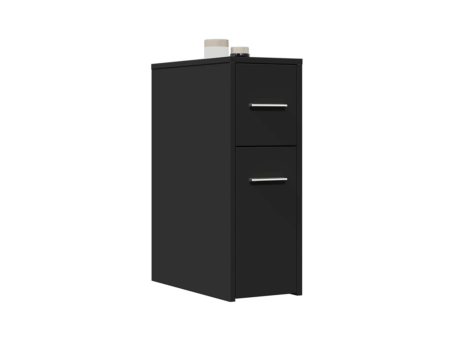 Mueble de baño estrecho con ruedas negras.