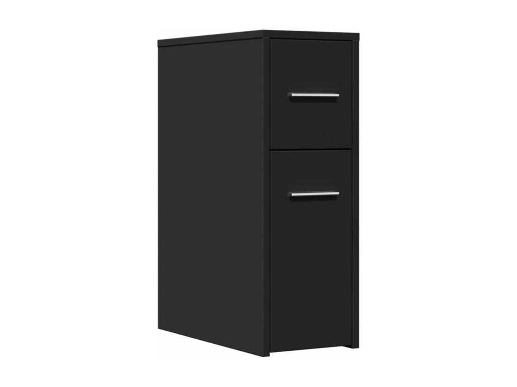 Mueble de baño estrecho con ruedas negras.