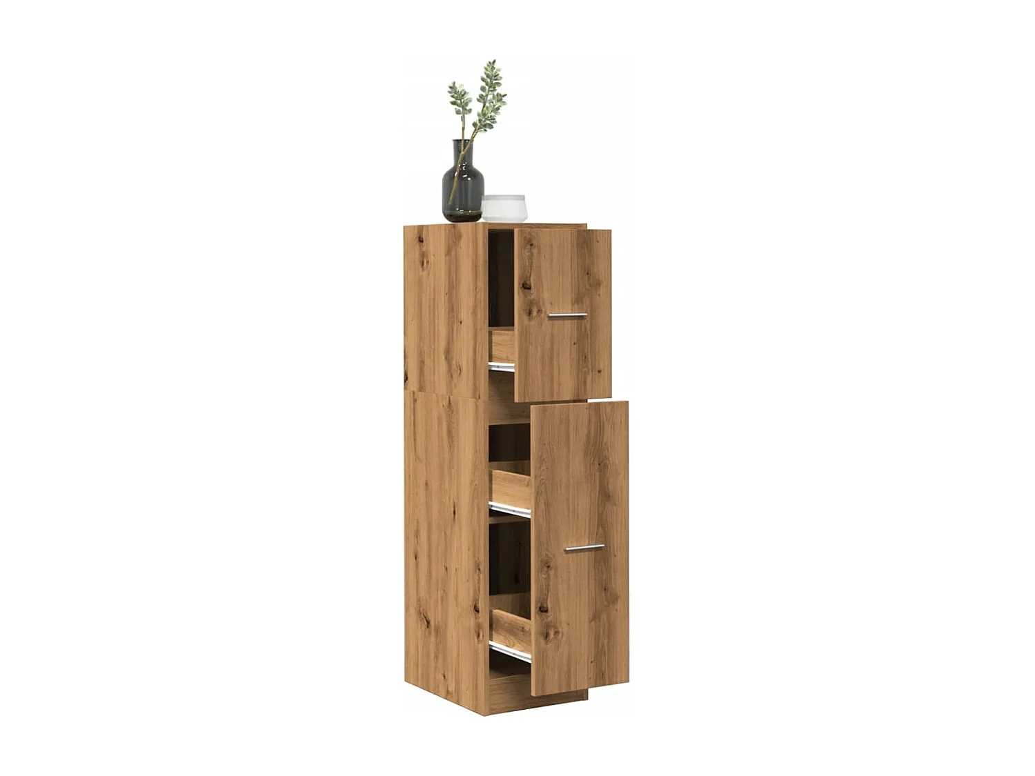 Mueble boticario artesanal en madera contrachapada de roble.