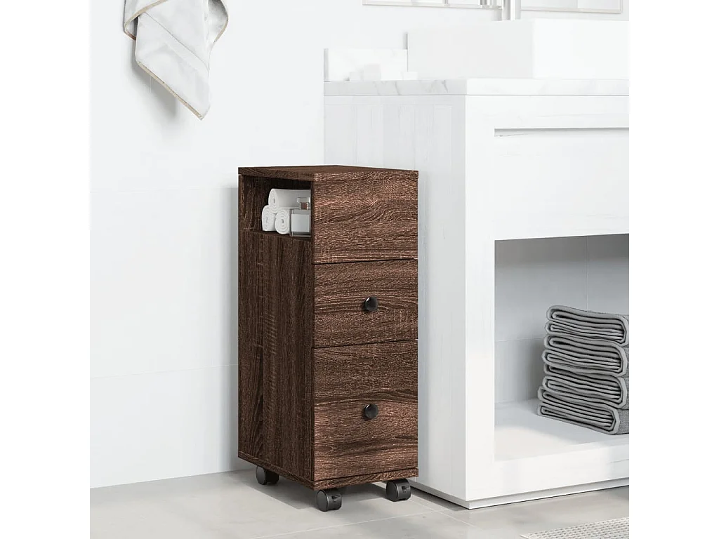Meuble étroit de salle de bain à roulettes chêne marron