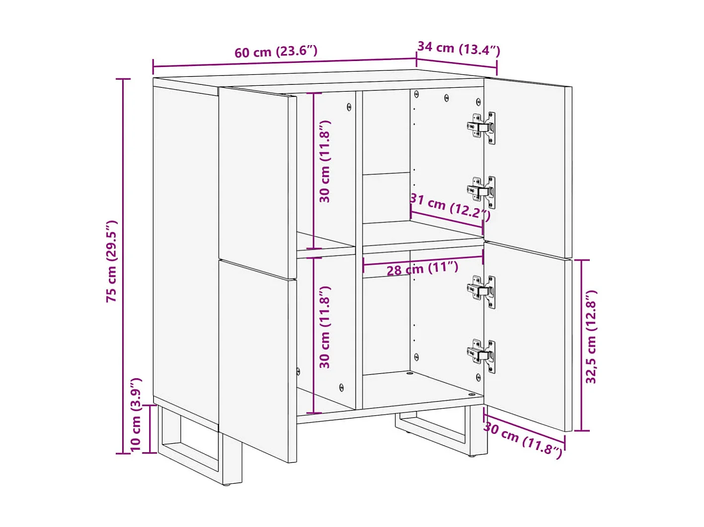 Aparador 60x34x75 cm madeira maciça de acácia