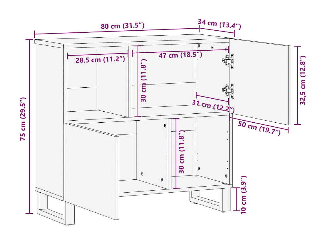 Sideboard 80x34x75 cm aus massivem Akazienholz