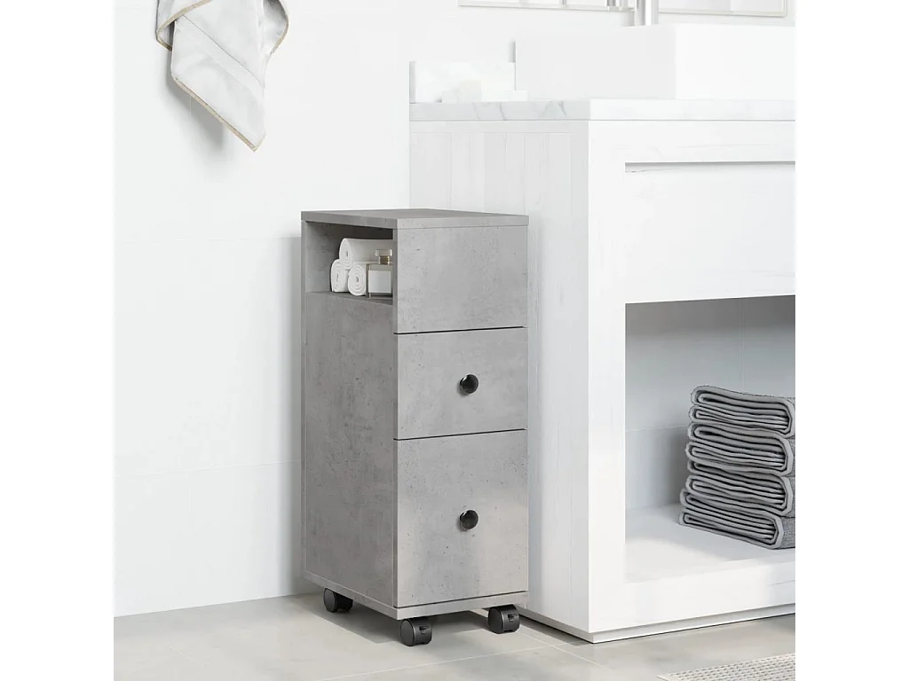 Meuble étroit de salle de bain à roulettes gris béton