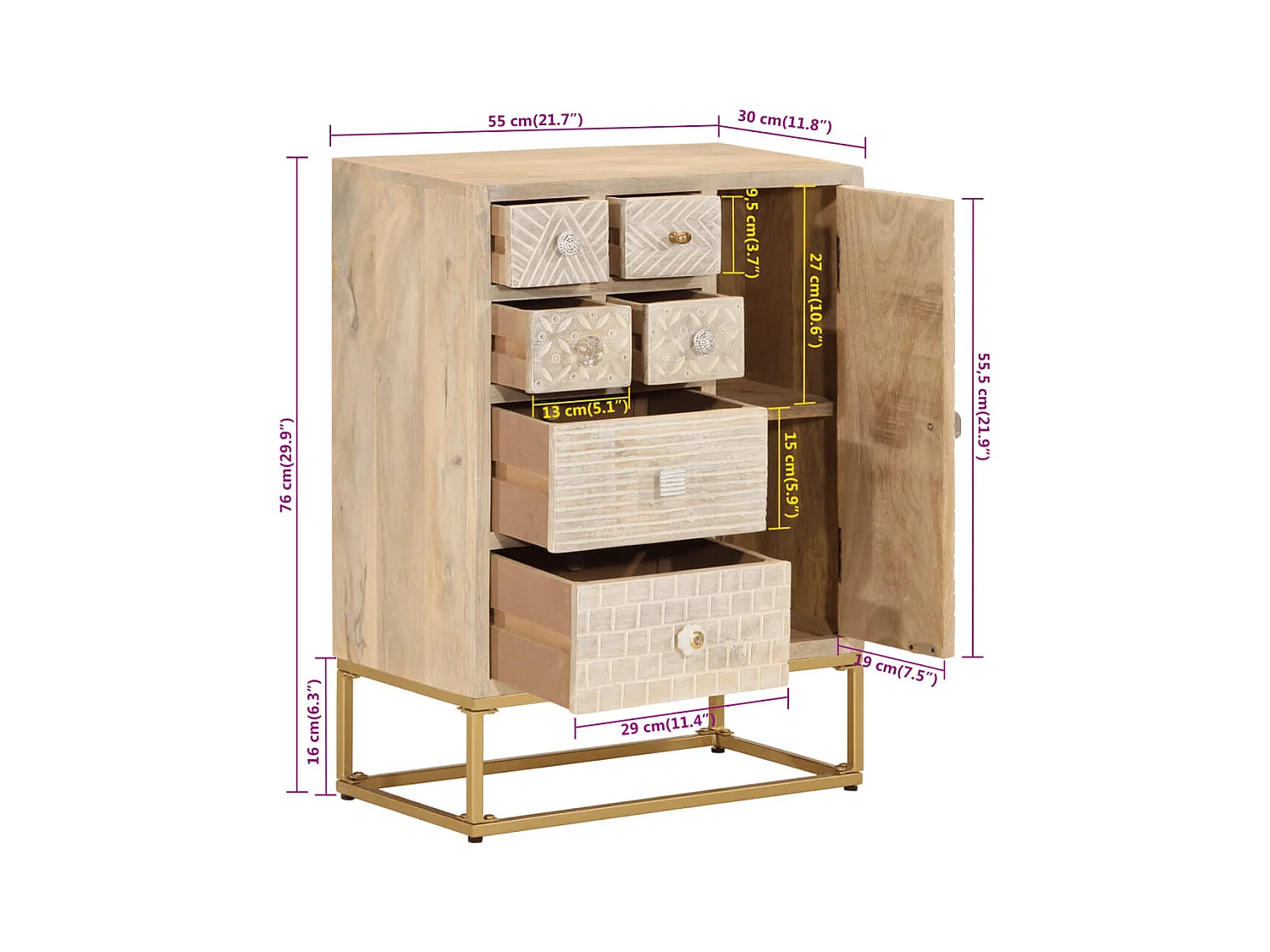 Buffet noir 55x30x76 cm bois massif de manguier et fer