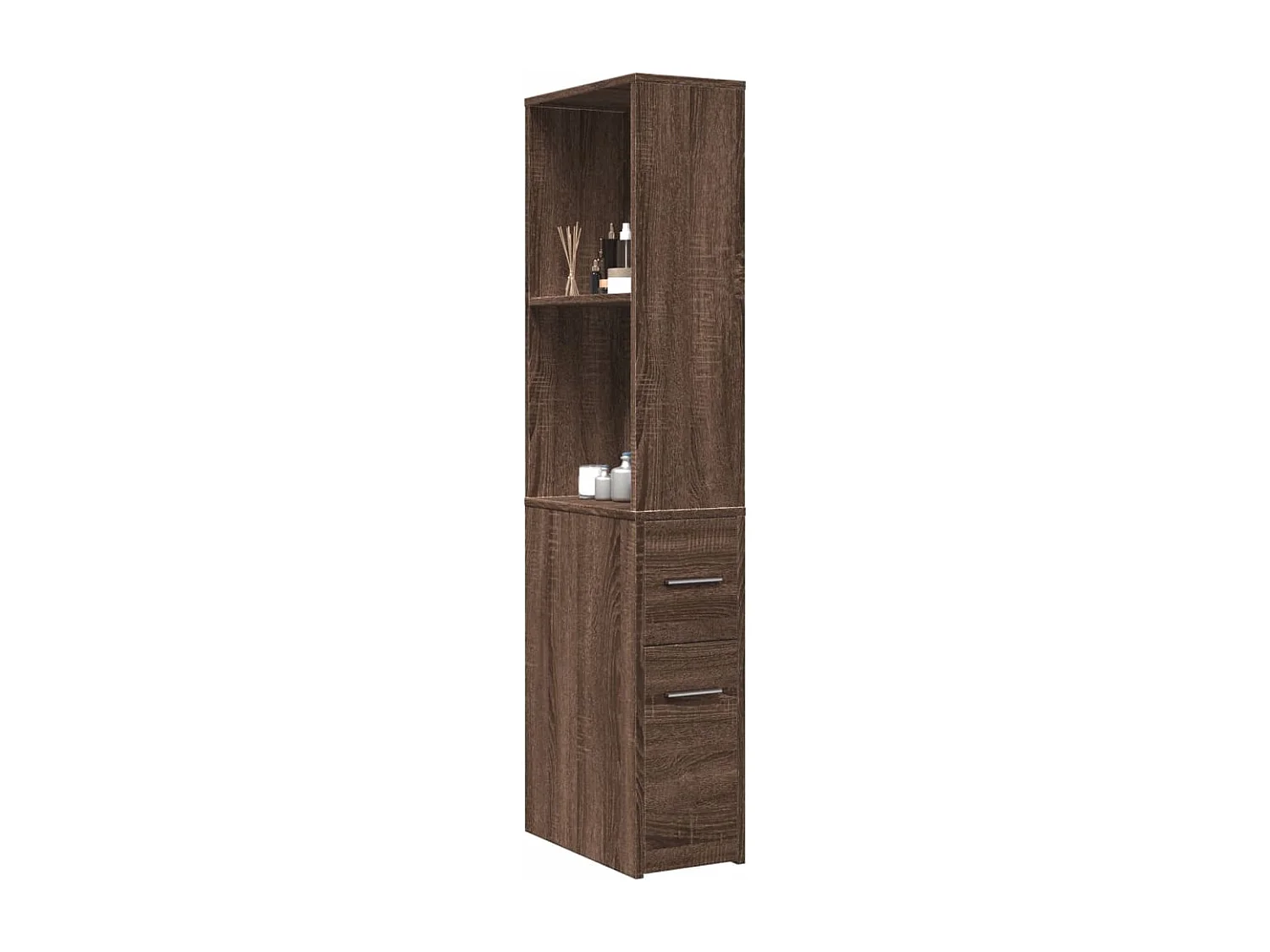 Mueble de baño estrecho con ruedas de roble marrón