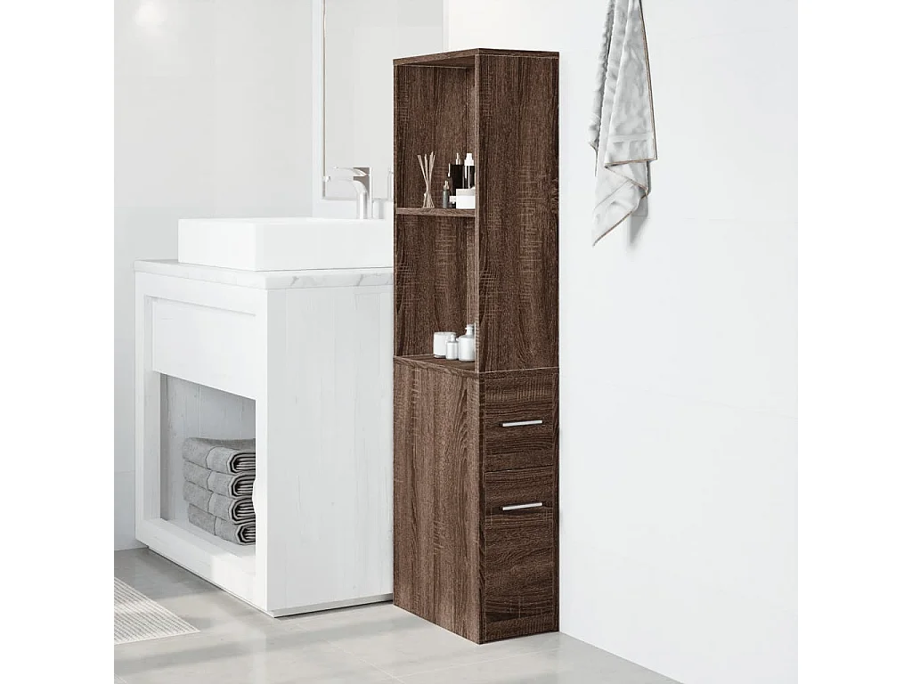 Armoire de salle de bain étroite avec roulettes chêne marron