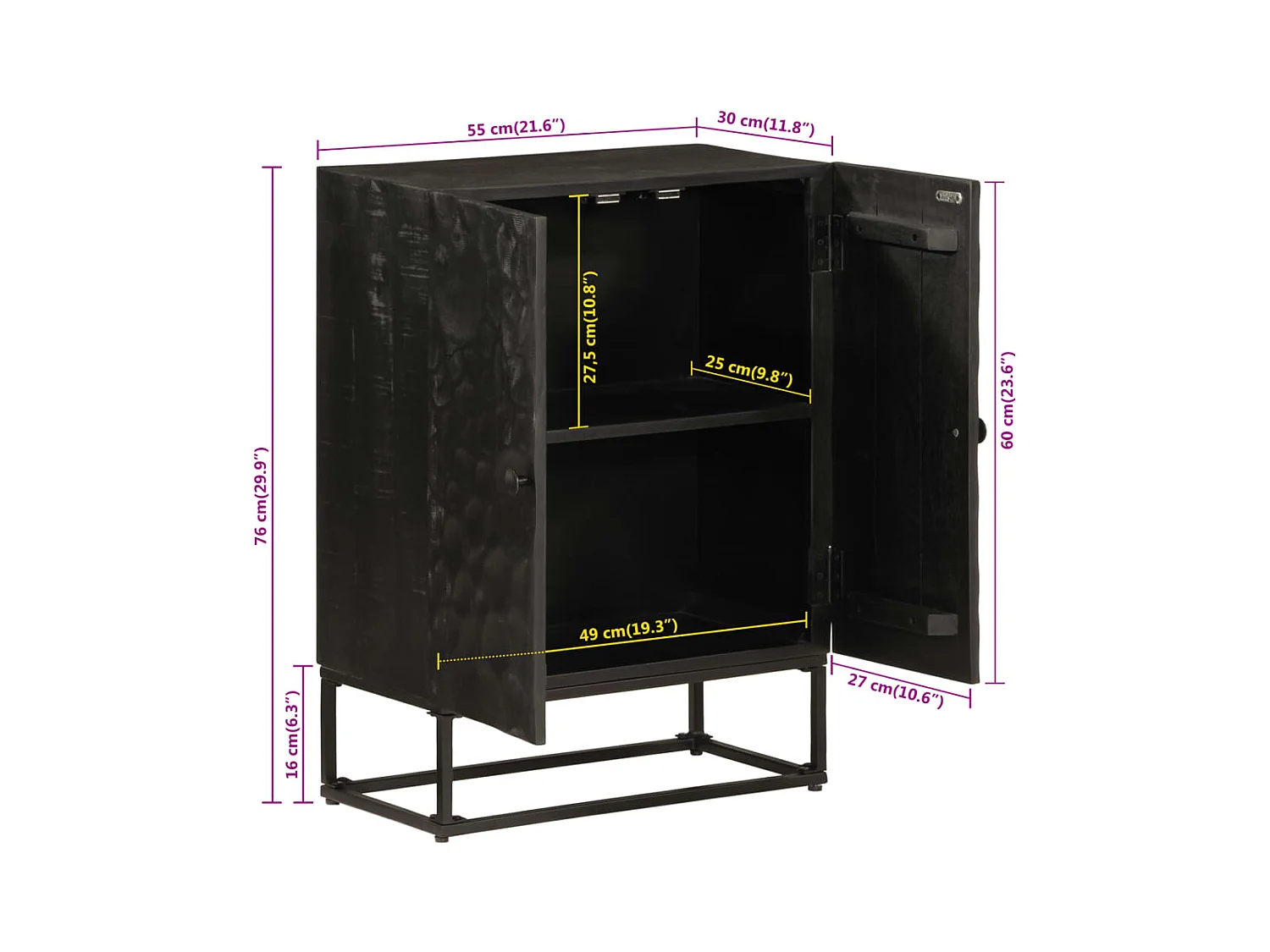 Buffet noir 55x30x76 cm bois massif de manguier et fer