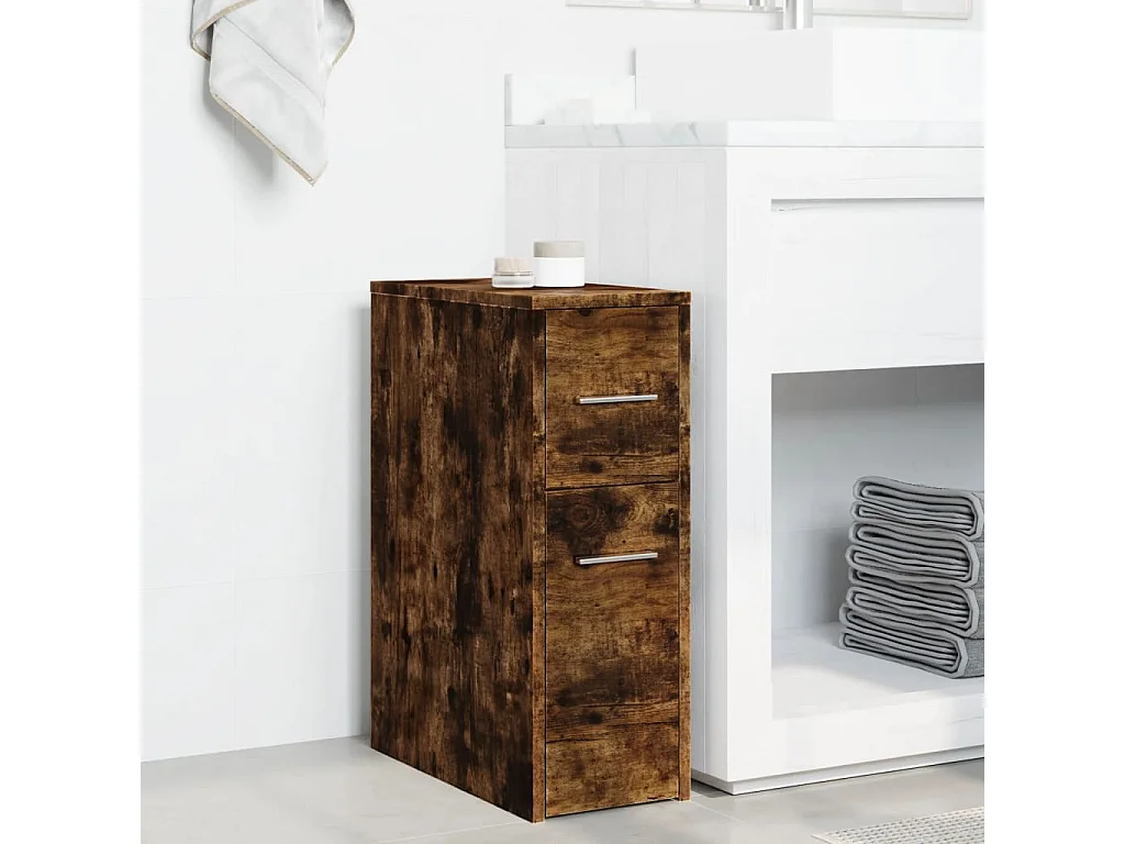 Mueble de baño estrecho con ruedas de roble ahumado