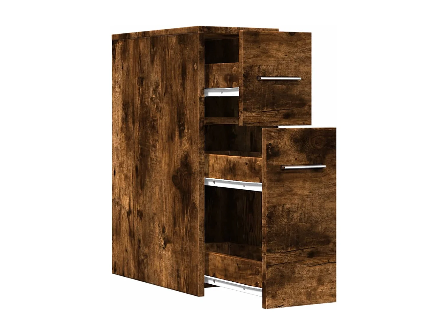 Mueble de baño estrecho con ruedas de roble ahumado