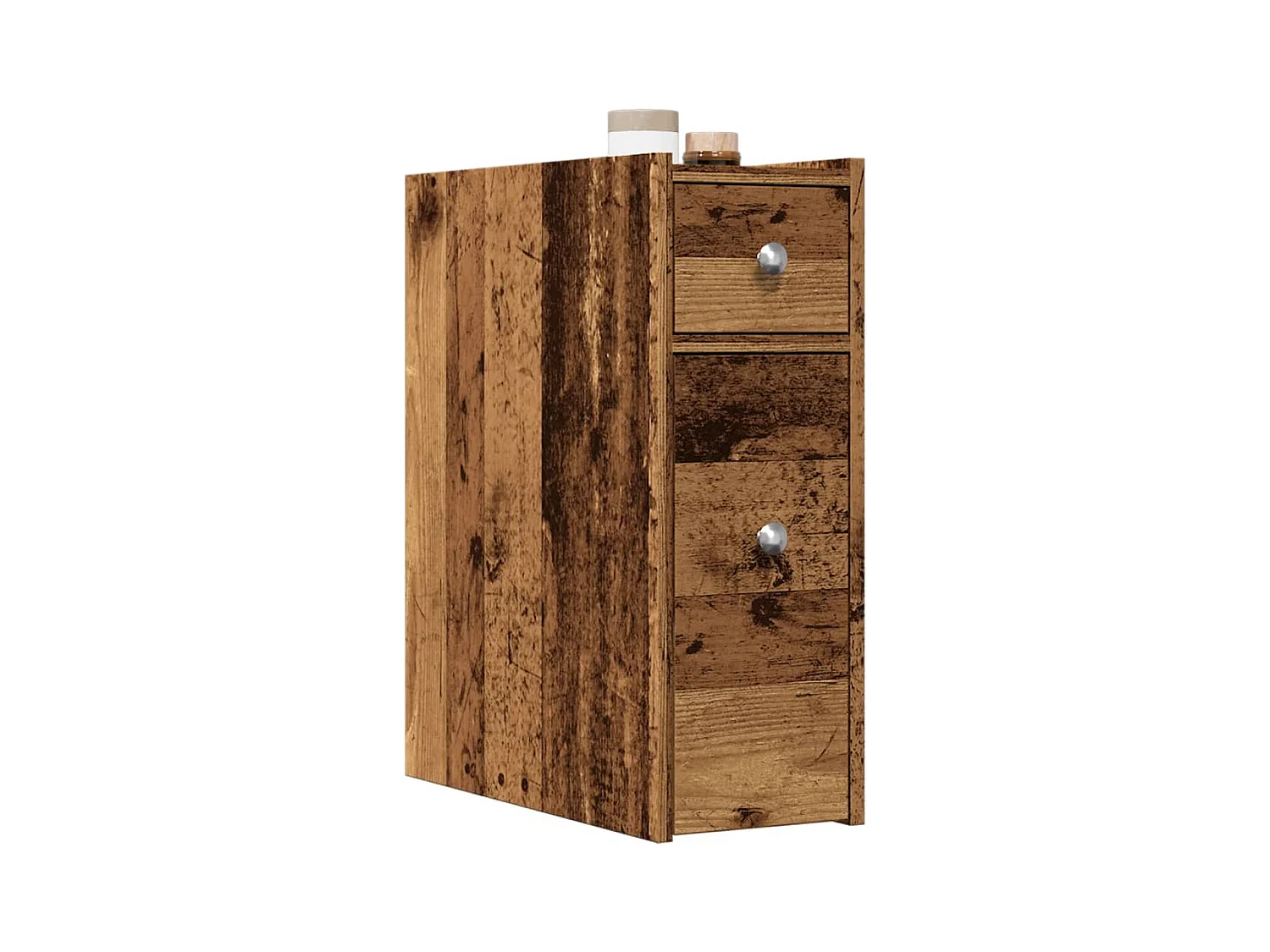Smalle badkamerkast met oude houten zwenkwielen