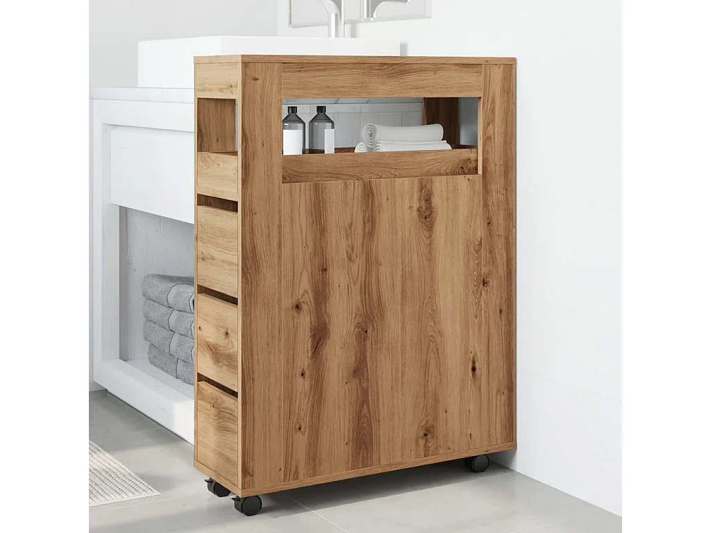 Meuble étroit de salle de bain à roulettes chêne artisanal