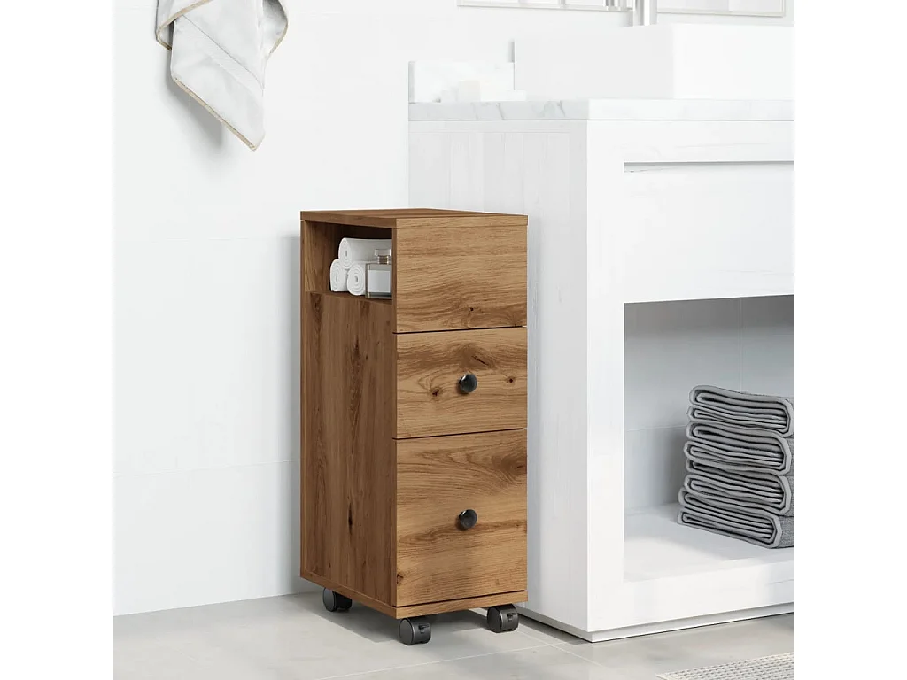 Meuble étroit de salle de bain à roulettes chêne artisanal