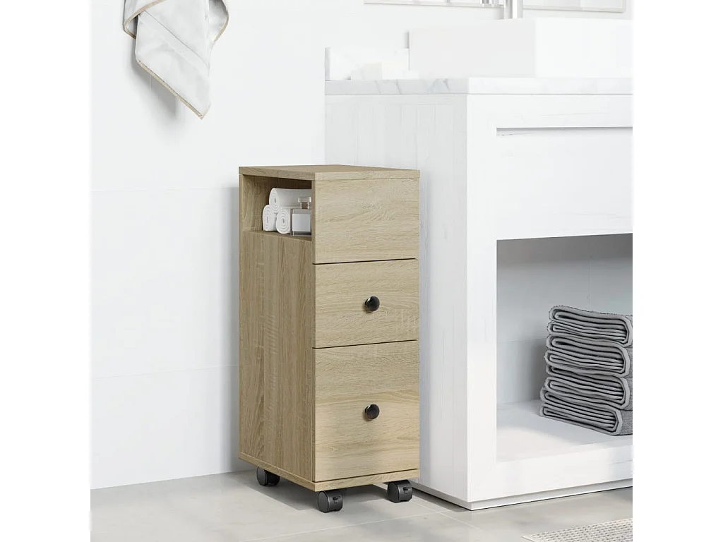 Meuble étroit de salle de bain à roulettes chêne sonoma