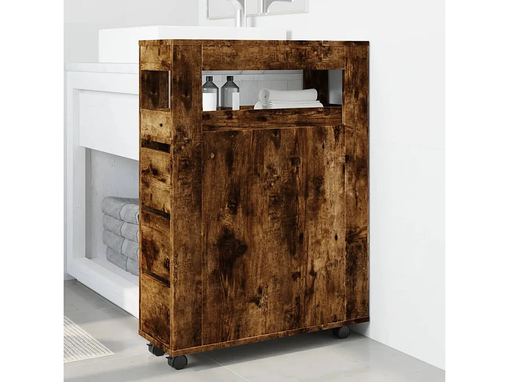 Muebles de baño estrechos con ruedas, roble ahumado